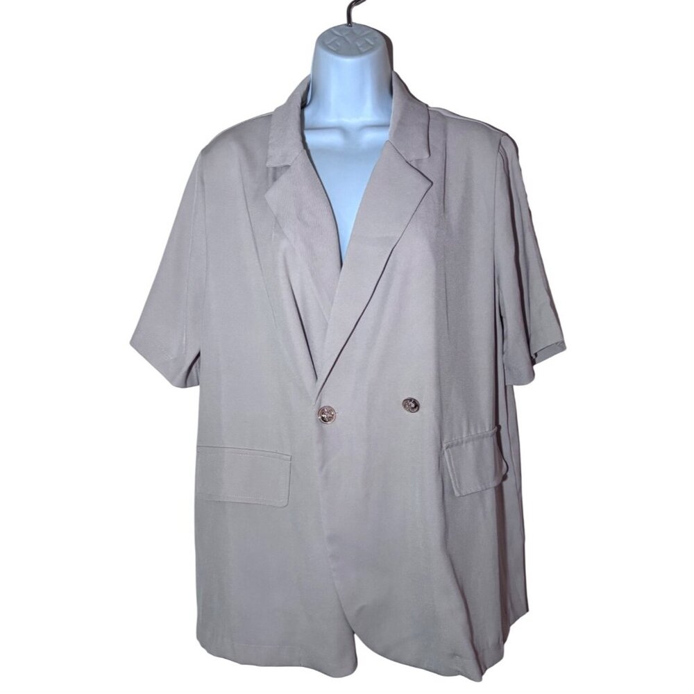 Oversized Women's Beige Double-Breasted Short Sleeve Blazer Jacket Size Large